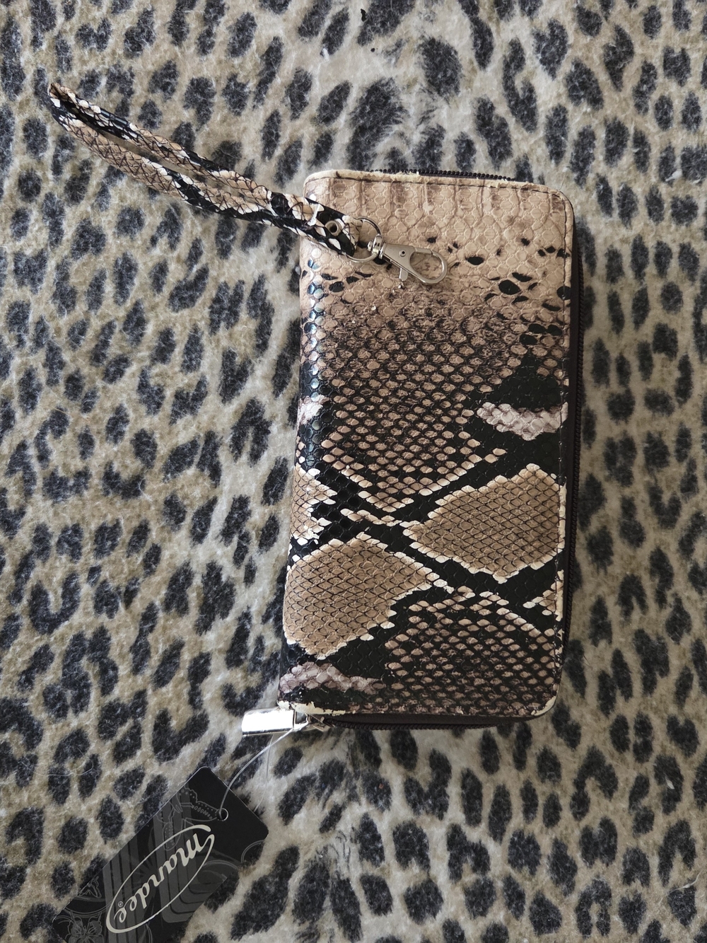 Snake Print Wristlet Wallet in Beige, Black & Cream